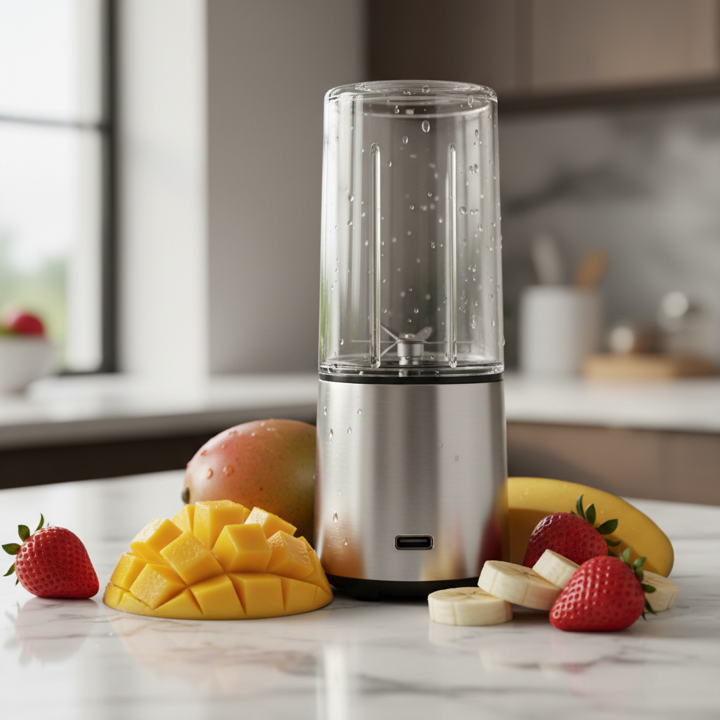 Licuadora portátil con frutas tropicales